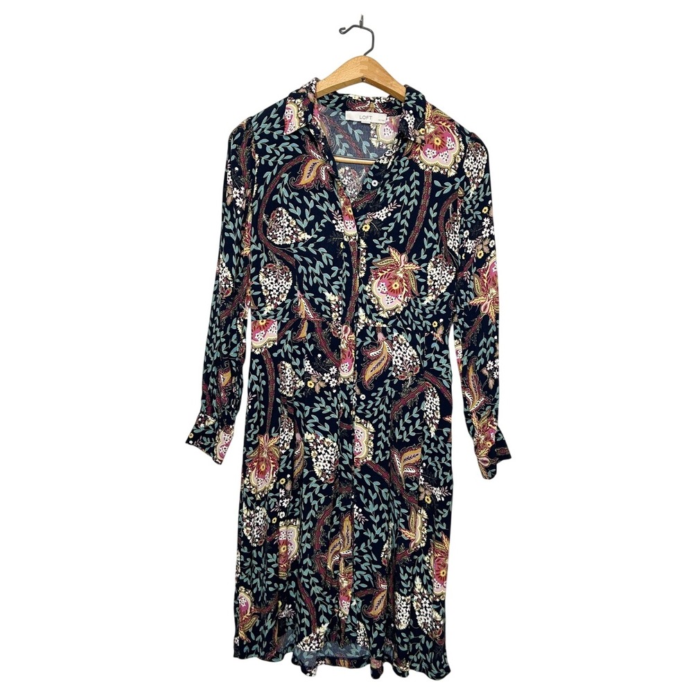 Ann Taylor LOFT Eclectic Print Long Sleeve Button Front Mini Dress Petite 4P